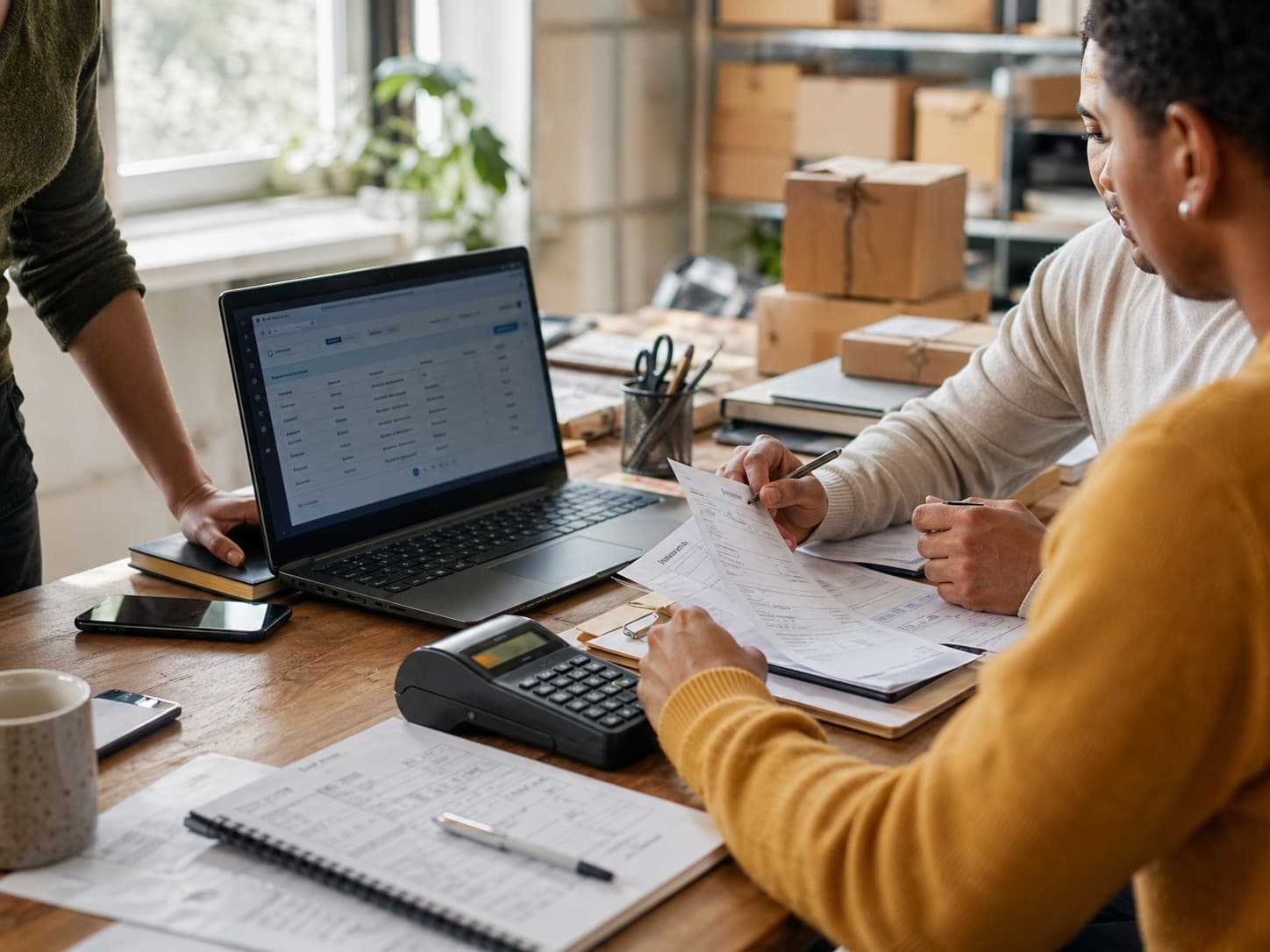 A small team preparing business payment records and parcels.