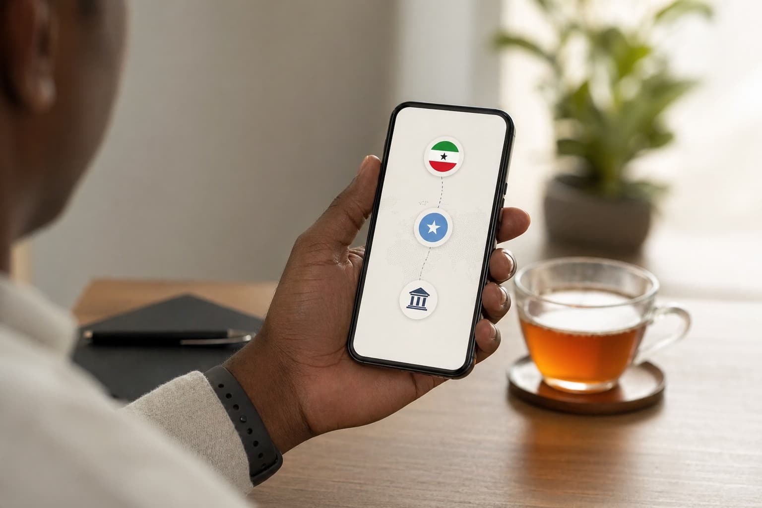 A local mobile payout moment at a small shop counter.